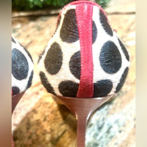 Manolo Blahnik Black and Pink Polka Dot Heels/ Pony Hair Vintage - Picture 3 of 16